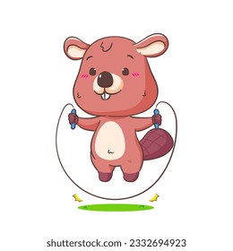 Caricatura de Cute Beaver Cartoon que salta la cuerda Ilustración del vector Mascot. Kawaii Adorable Diseño De Concepto Animal. Fondo blanco aislado.
