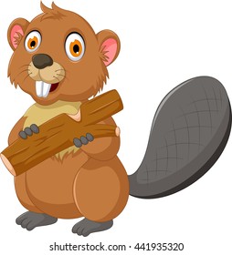 Cute Beaver Cartoon Eating Wood