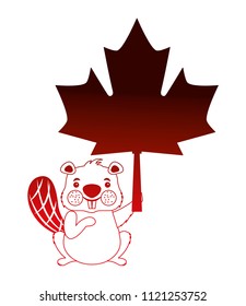 cute beaver cartoon holding maple leaf