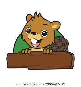 cute beaver cartoon illustration appearing on log