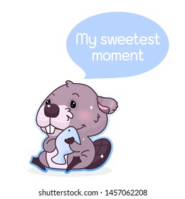 Cute beaver cartoon kawaii vector character. My sweetest moment inside speech bubble. Adorable and happy beaver with fish isolated sticker. Cartoon animal postcard clipart on white background