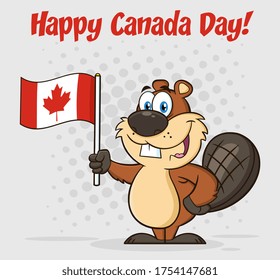 Cute Beaver Cartoon Mascot Character Holding A Canadian Flag. Vector Illustration With Background And Text