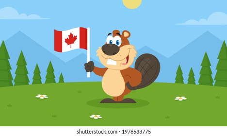 Cute Beaver Cartoon Mascot Character Holding A Canadian Flag. Vector Flat Design Illustration With Landscape Background
