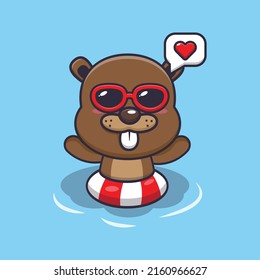 Cute beaver cartoon mascot character swimming on pool