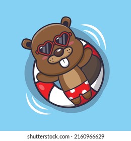 Cute beaver cartoon mascot character swim in beach on buoy