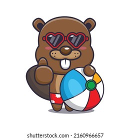 Cute Beaver Cartoon Mascot Character With Beach Ball