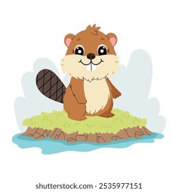 Cute beaver. Cartoon rodent standing on the grass. Short-haired animal in habitat. Flat illustration on white background. 