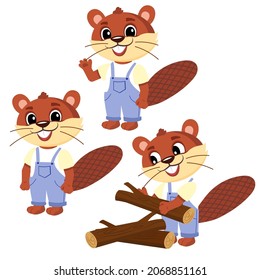 Cute beaver cartoon waving hand. Cartoon beaver holding wood.