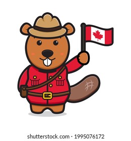 Cute beaver character celebrated Canada Day cartoon vector icon illustration. Design isolated on white. Flat cartoon style.