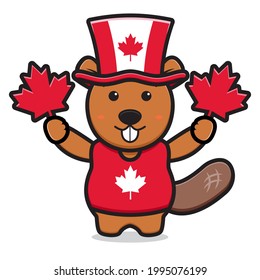 Cute beaver character celebrated Canada Day cartoon vector icon illustration. Design isolated on white. Flat cartoon style.
