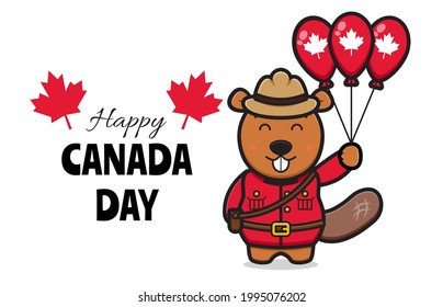 Cute beaver character celebrated Canada Day cartoon vector icon illustration. Design isolated on white. Flat cartoon style.