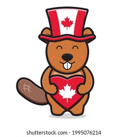 Cute beaver character celebrated Canada Day cartoon vector icon illustration. Design isolated on white. Flat cartoon style.