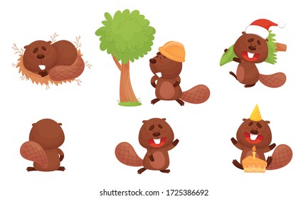 Cute Beaver Character Engaged in Different Activity Vector Set