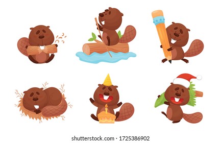 Cute Beaver Character Engaged in Different Activity Vector Set