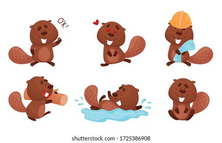 Cute Beaver Character Engaged in Different Activity Vector Set