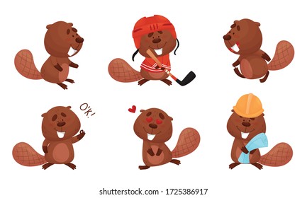 Cute Beaver Character Engaged in Different Activity Vector Set