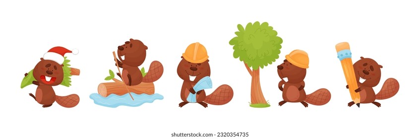 Cute Beaver Character Engaged in Different Activity Vector Set