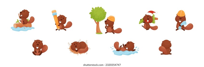 Cute Beaver Character Engaged in Different Activity Vector Set