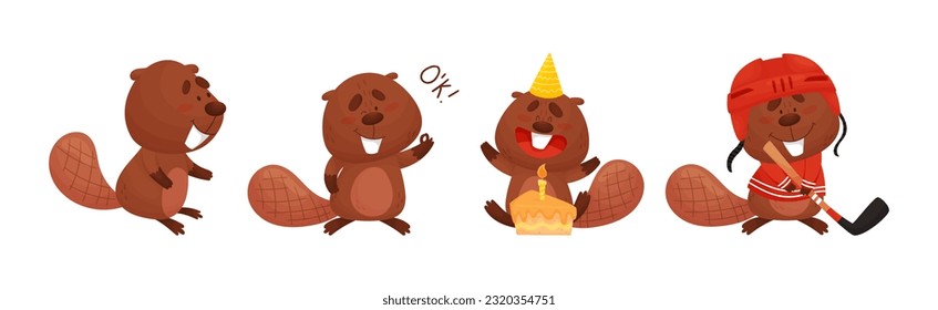 Cute Beaver Character Engaged in Different Activity Vector Set