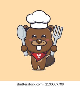 cute beaver chef mascot cartoon character holding spoon and fork 