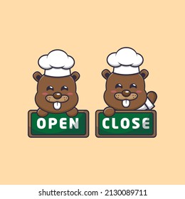 cute beaver chef mascot cartoon character with open and close board
