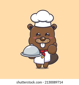 cute beaver chef mascot cartoon character with dish