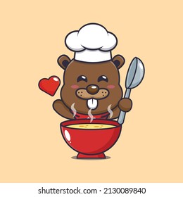 cute beaver chef mascot cartoon character with soup