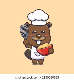 cute beaver chef mascot cartoon character with cake dough
