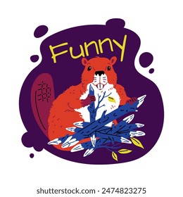 Cute beaver chewing wooden sticks with lettering Funny flat vector illustration. Cartoon wild rodent animal eating, gnawing tree trunk. Fauna childish design card, purple decorative frame