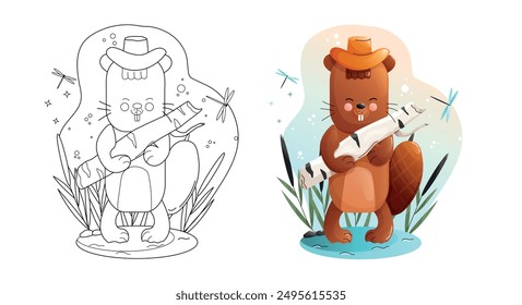 Cute beaver Coloring Page Black and White and Colored Versions. Childrens animals set. 