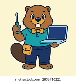 Cute beaver computer repair technician holding an open laptop and screwdriver. Friendly cartoon animal mascot for IT support, hardware maintenance, electronics repair, troubleshooting and technical service businesses.