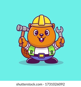 Cute Beaver Construction Cartoon Vector Icon Illustration. Animal Icon Concept Isolated Premium Vector. Flat Cartoon Style 