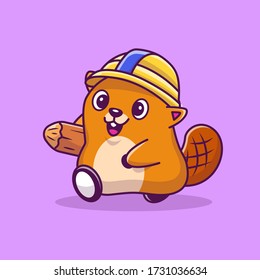 Cute Beaver Construction Cartoon Vector Icon Illustration. Animal Icon Concept Isolated Premium Vector. Flat Cartoon Style 