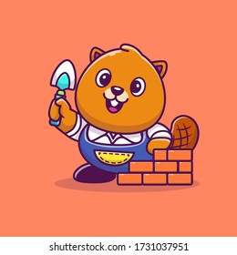 Cute Beaver Construction Cartoon Vector Icon Illustration. Animal Icon Concept Isolated Premium Vector. Flat Cartoon Style 