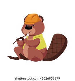 Cute beaver in a construction hat and vest, sitting and gnawing on a branch. Childish character. Canada Day. Wild animal. National symbol. Flat style. Isolated icon. Vector illustration.