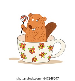 Cute beaver in a cup holding a lollipop. Vector illustration in a hand-drawn style.