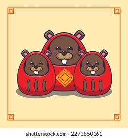 Cute beaver with daruma dolls costume in chinese new year. 
Cartoon vector Illustration suitable for poster, brochure, web, mascot, sticker, logo and icon.