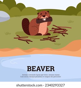 Cute beaver eating tree trunk, poster with text, cartoon flat vector illustration. Funny wild animal chewing wood. Great for kids and nursery designs.