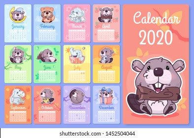 Cute beaver and elephant 2020 calendar design template with cartoon kawaii characters. Wall poster, calender creative pages layout. Childish, girlish month planner mockup with doodle vector animals