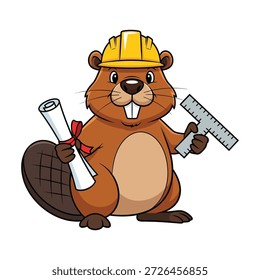 Cute beaver engineer with hard hat and tools for construction projects