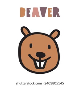 Cute beaver face. Children art. Flat isolated vector illustration on white background.