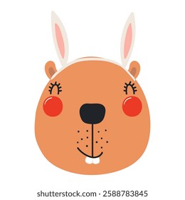 Cute beaver face with Easter bunny ears character illustration. Hand drawn flat style design, isolated vector. Holiday clip art, seasonal card, banner, poster, kids print element