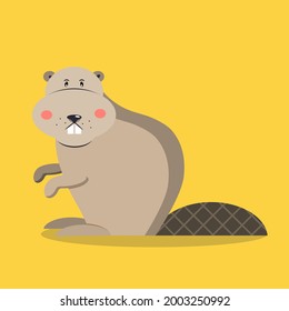 Cute beaver in flat style on yellow background. vector illustration.