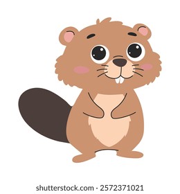 Cute beaver. Flat vector illustration in children's style. Animals of the forest. Cute beaver on white background 