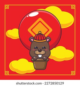 Cute beaver fly with air balloon in chinese new year. 
Cartoon vector Illustration suitable for poster, brochure, web, mascot, sticker, logo and icon.