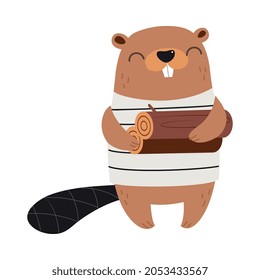 Cute Beaver as Forest Animal Holding Pile of Logs Vector Illustration