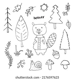Cute Beaver in forest. Cartoon Animal in Woodland with trees and plants. Vector illustration.