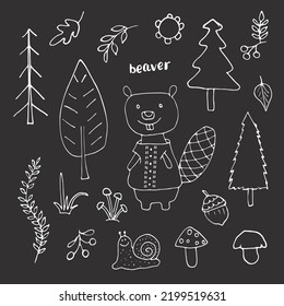 Cute Beaver in forest. Cartoon Animal in Woodland with trees and plants. Vector illustration.