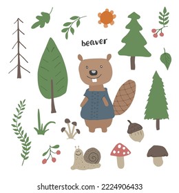 Cute Beaver in forest. Cartoon Animal in Woodland with trees and plants. Vector illustration.