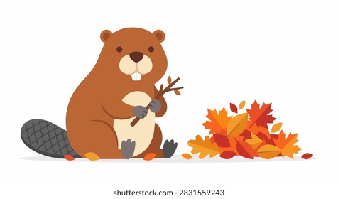 Cute Beaver Gathering Twigs During the Cozy Autumn Season